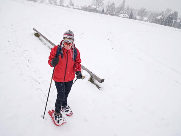 Walker jediný sníh nebo křížové lyžař sportovní ženu a šedé mraky jsem - Fotografie, Obrázek