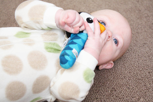 A baby playing on a brown carpeted floor with a penguin-shaped toy. - Photo, image