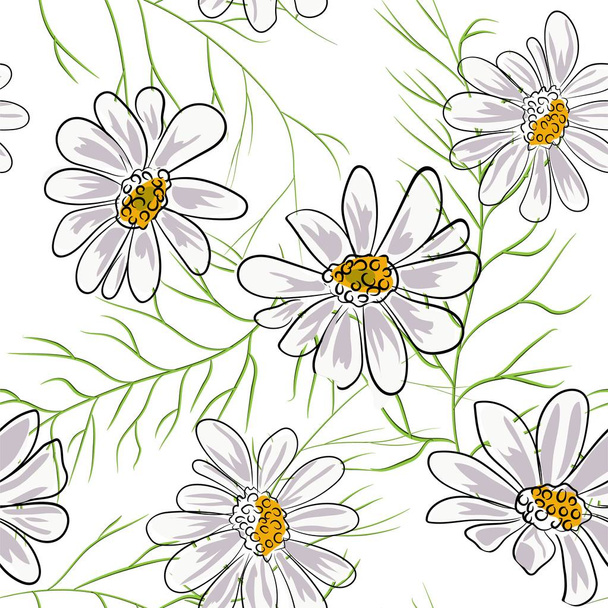nahtloses Muster mit Kamille, Kamillenblüten auf weißem Hintergrund. - Vektor, Bild