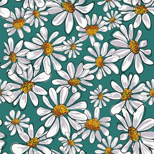 Seamless pattern with chamomile, camomile flowers on white background. - Vector, Image