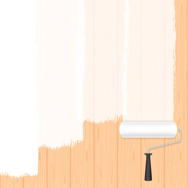 χρώμα ρολό λευκό σε ξύλινο τοίχο για πανό φόντο και αντιγραφή χώρο διαφήμιση κειμένου, πινέλο μπογιάς ρολό βαμμένο λευκό στο πλαίσιο πανό ξύλο, διαφήμιση περιοχή ξύλου και ρολό βούρτσα βαφής, εικονίδιο κυλίνδρου πινέλο - Διάνυσμα, εικόνα