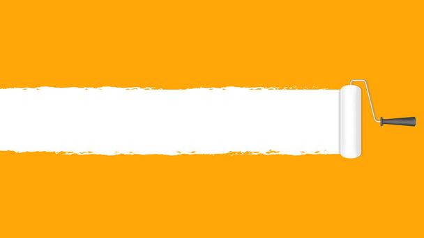 χρώμα ρολό λευκό στο φόντο πορτοκαλί τοίχου και αντιγραφή χώρο κείμενο διαφημιστικό πανό, πινέλο μπογιάς ρολό βαμμένο λευκό στο πορτοκαλί πλαίσιο banner, πορτοκαλί διαφήμιση περιοχή και ρολό βούρτσα, εικονίδιο κυλίνδρου βούρτσα - Διάνυσμα, εικόνα