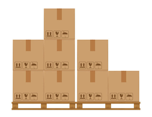 木質パレット上の木箱8、工場倉庫保管庫に段ボール箱付き木製パレット、フラットスタイルの倉庫段ボール小包箱スタック、包装貨物、3Dボックス茶色の白で隔離 - ベクター画像