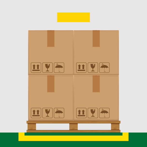 boîtes à caisses sur palette boisée et zone de marquage jaune pour le concept d'arrangement des produits, boîte en carton empilable dans le stockage en entrepôt d'usine, boîtes de colis en carton emballage brun cargaison isolé sur gris
 - Vecteur, image