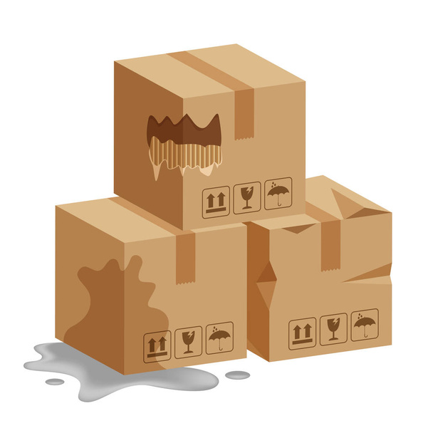 damaged crate boxes 3d, broken cardboard box, flat style cardboard parcel boxes wet, packaging cargo, isometric boxes torn, packaging box brown ripped, symbol carton box isolated white background - Vector, Image