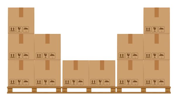 κιβώτια κουτιά σε δασώδεις παλέτες, ξύλο παλέτα με χαρτοκιβώτιο στην αποθήκη εργοστασιακών αποθηκών, επίπεδη στυλ αποθήκη χαρτόνι κουτιά δεμάτων στοίβα, φορτίο συσκευασίας, 3D κουτιά καφέ απομονωθεί σε λευκό - Διάνυσμα, εικόνα
