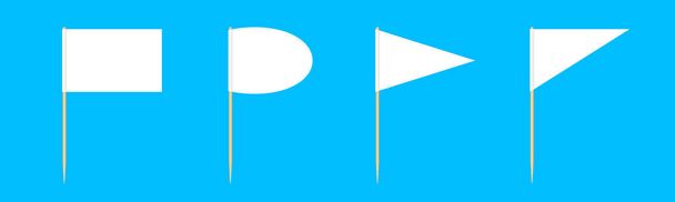 conjunto de banderas de palillos de madera en miniatura aisladas sobre fondo azul, banderas de palillo de dientes rectángulo en blanco o blanco, banderas de palillo de dientes triángulo y banderas de palillo de círculo oval para mini mensaje de puntero de palo
 - Vector, Imagen