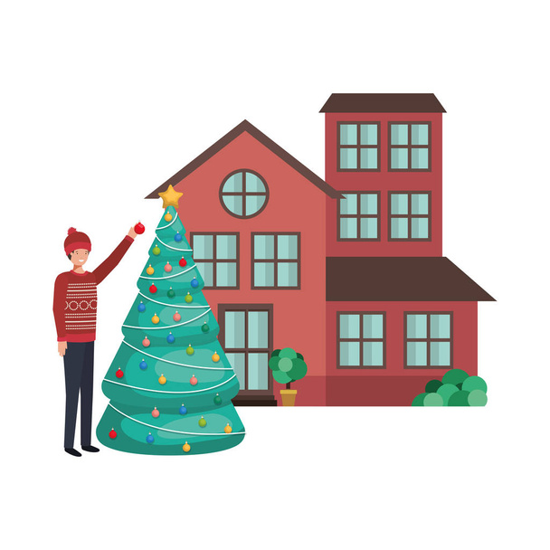 hombre con árbol de Navidad fuera de la casa
 - Vector, imagen