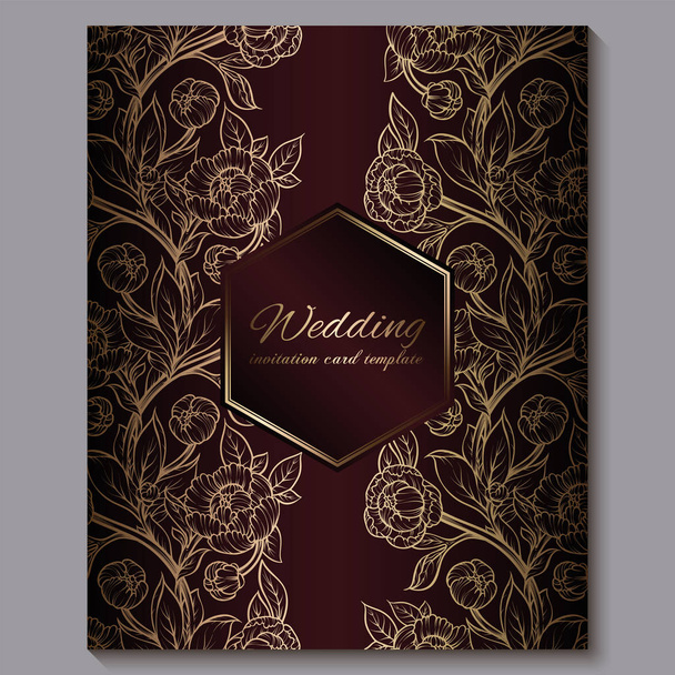 Exquisite red royal luxury wedding invitation, gold floral background with frame and place for text, lacy foliage made of roses or peonies with golden shiny gradient. - Vector, Image