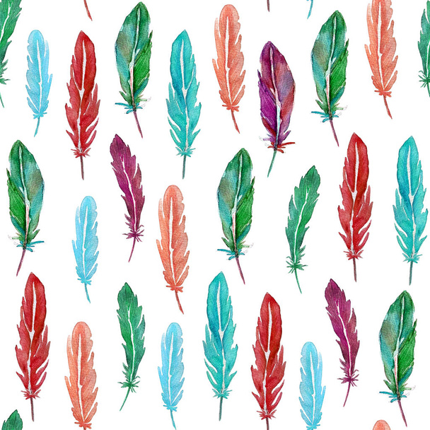Seamless pattern of colorful watercolor feathers. Hand drawn - Φωτογραφία, εικόνα