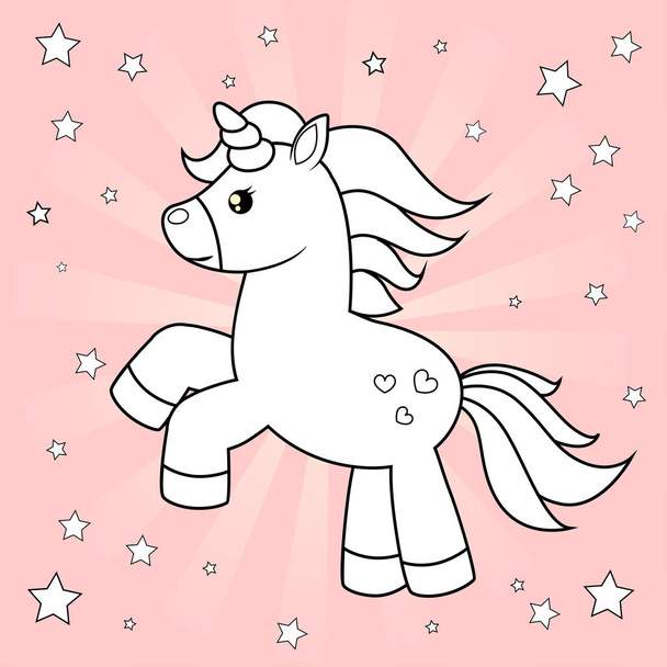 Cute cartoon unicorn. Black and white vector illustration for coloring book on pink background - Vektör, Görsel