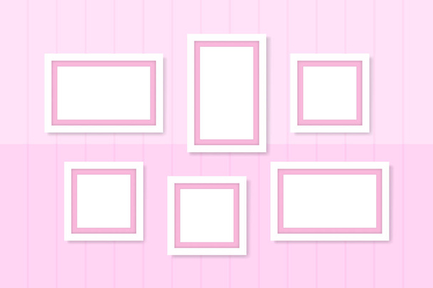 рамки для фото белый шаблон на стене розовый пастель, рамка мило для семейной любви картинка, набор винтажных рамок картины шикарная роскошь на пастельно-розовой стене, рамки для фото галереи
 - Вектор,изображение