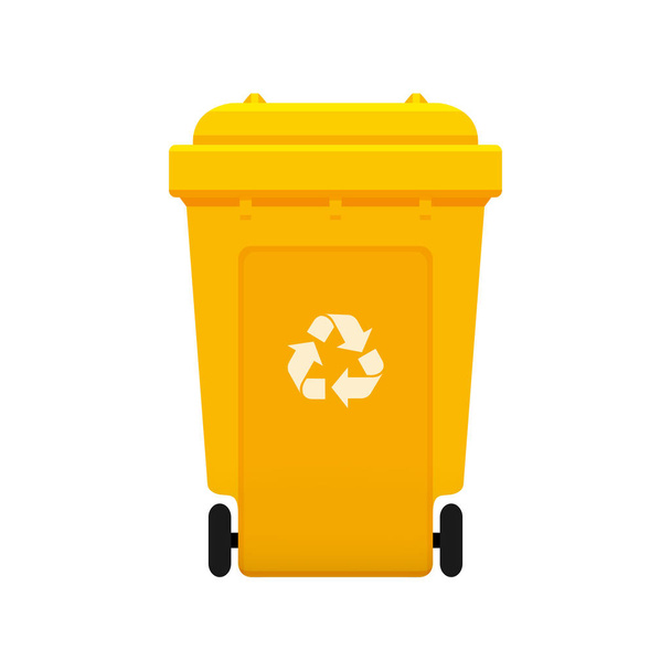 Bin, Recycle plastic yellow wheelie bin for waste isolated on white background, Yellow bin with recycle waste symbol, Front view of recycle wheelie bin yellow color for garbage waste - Vector, Image