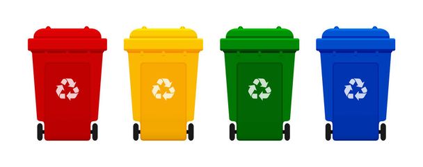bin plastic, vier kleurrijke recyclebakken geïsoleerd op witte achtergrond, rood, geel, groen en blauw bakken met Recycle afval symbool, vooraanzicht van vier recycle bin plastic, 3R - Vector, afbeelding