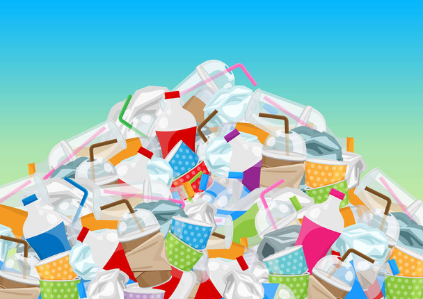 pila de residuos de basura de plástico y papel en forma de montaña aislado sobre fondo azul, botellas de residuos de basura de plástico muchos, pila de plástico botella de papel taza de basura vertedero, basura contaminación
 - Vector, imagen