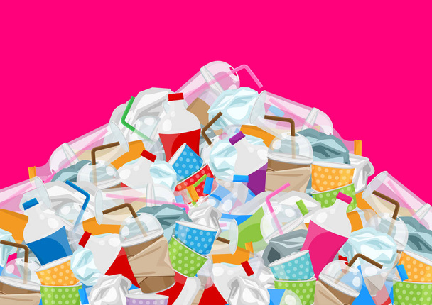 illustration of pile garbage waste plastic and paper in mountain shape isolated pink background, bottles plastic garbage waste many, stack of plastic bottle paper cup waste dump, pollution garbage - Vector, Image