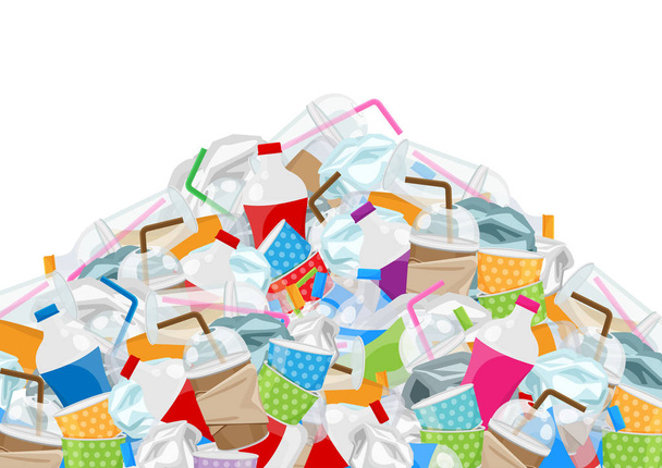 illustration of pile garbage waste plastic and paper in mountain shape isolated white background, bottles plastic garbage waste many, stack of plastic bottle paper cup waste dump, pollution garbage - Vector, Image