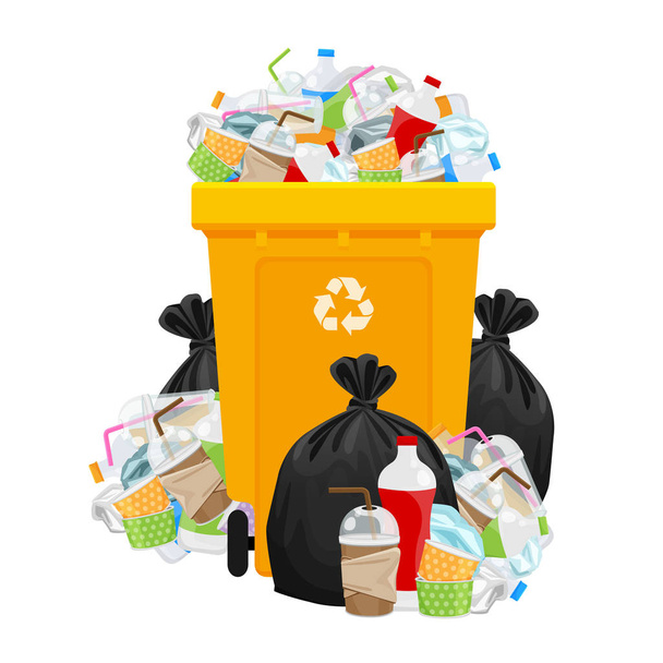 ilustracja odpady śmieci i worek plastikowy i żółty kosz na białym tle, stos odpadów z tworzyw sztucznych śmieci wielu, odpady z tworzyw sztucznych zrzutu i pojemnika żółty, odpady z tworzyw sztucznych i recyklingu segregacji śmieci - Wektor, obraz