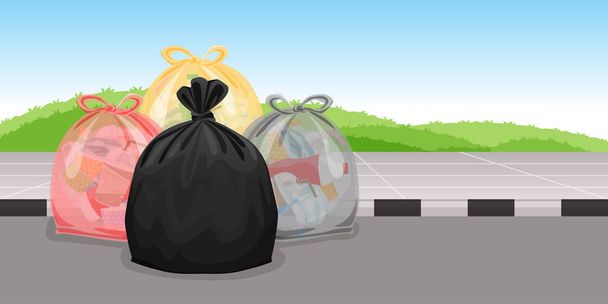 sok szemetet táskák műanyag hulladékot a sétány padló, sok szemetet táska műanyag, sok szemetet zsák műanyag, bolyhos szemetet hulladék, a szennyezés hulladék, 3R - Vektor, kép