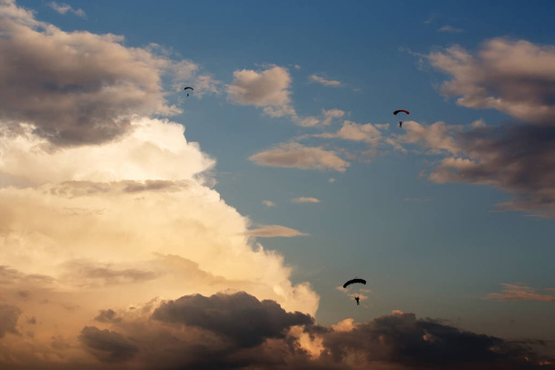 silhouettes of unidentified skydivers parachutist on blue sky on sunset - 写真・画像
