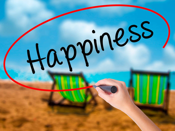 Man Hand writing Happiness with black marker on visual screen. Isolated on white. Business, technology, internet concept. Stock Photo - Foto, Bild