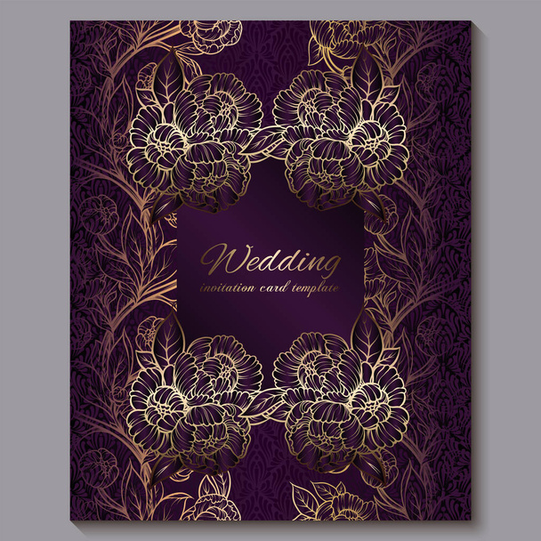 Exquisita invitación de boda de lujo púrpura real, fondo floral dorado con marco y lugar para el texto, follaje de encaje hecho de rosas o peonías con degradado dorado brillante
. - Vector, imagen