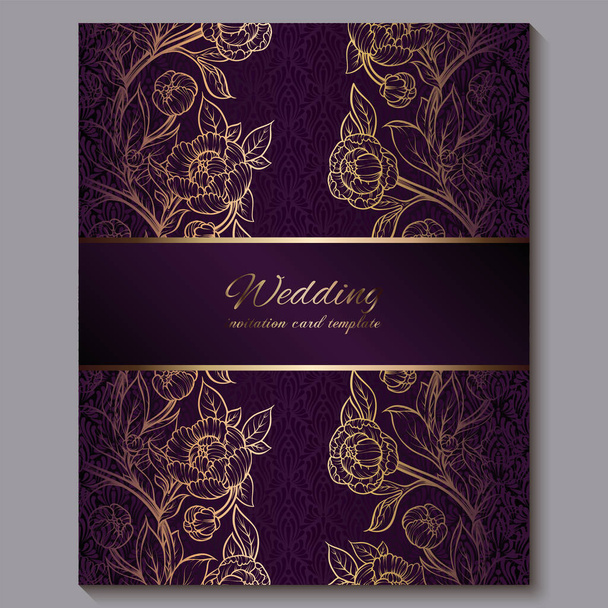 Exquisita invitación de boda de lujo púrpura real, fondo floral dorado con marco y lugar para el texto, follaje de encaje hecho de rosas o peonías con degradado dorado brillante
. - Vector, imagen
