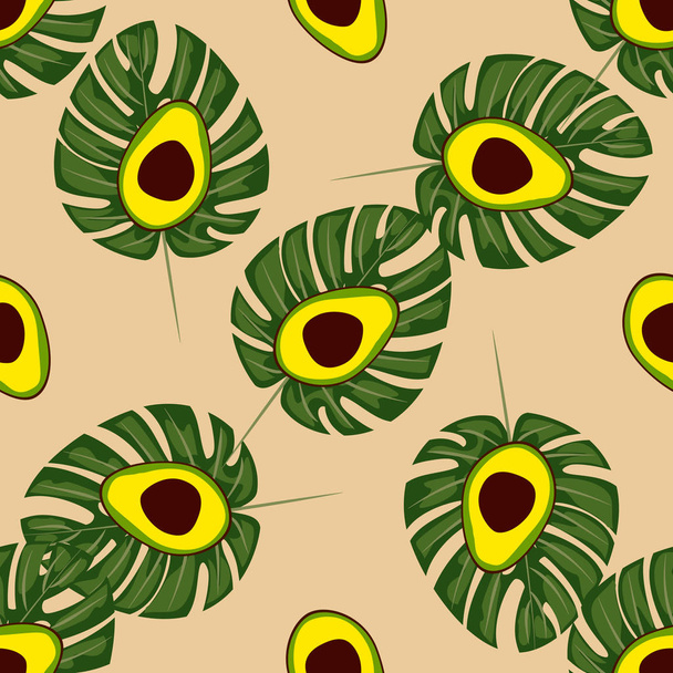 Avocado and tropical leaves seamless pattern. - Vector, Imagen