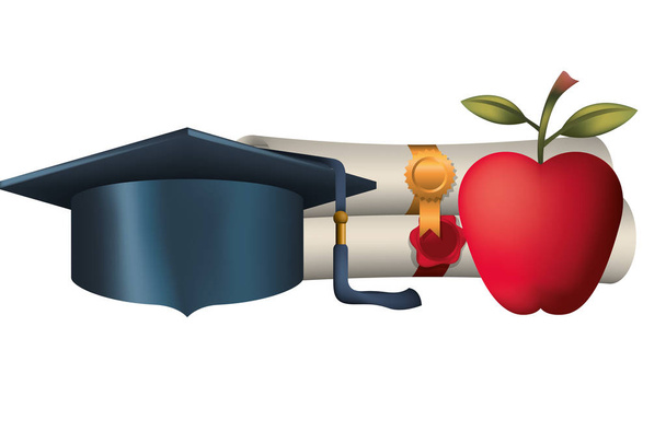 certificado de graduação com chapéu e ícone de maçã
 - Vetor, Imagem