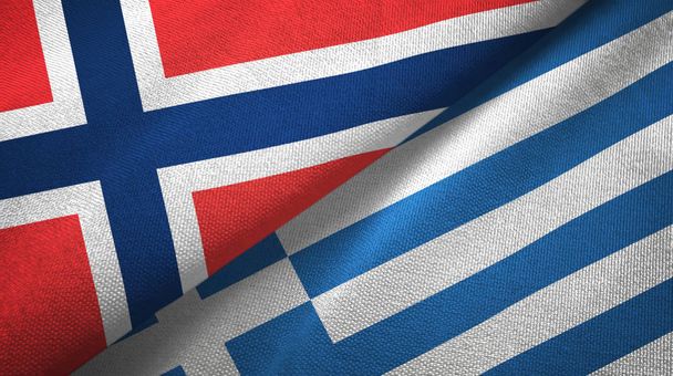Norveç ve Yunanistan iki bayrak tekstil kumaş, kumaş doku - Fotoğraf, Görsel