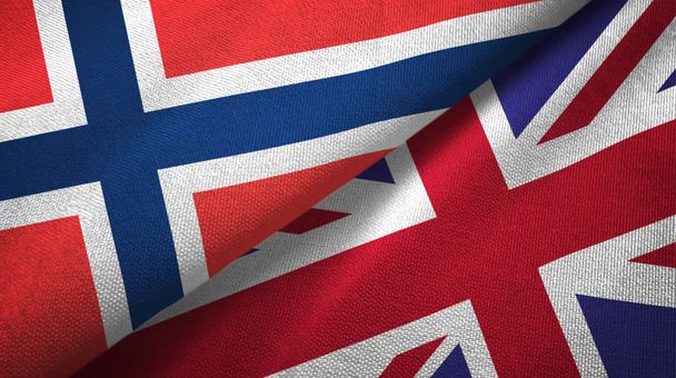Noruega e Reino Unido duas bandeiras pano têxtil, textura de tecido
 - Foto, Imagem