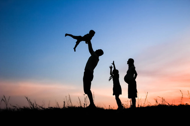 Happy family playing on nature summer silhouette - Foto, Imagen