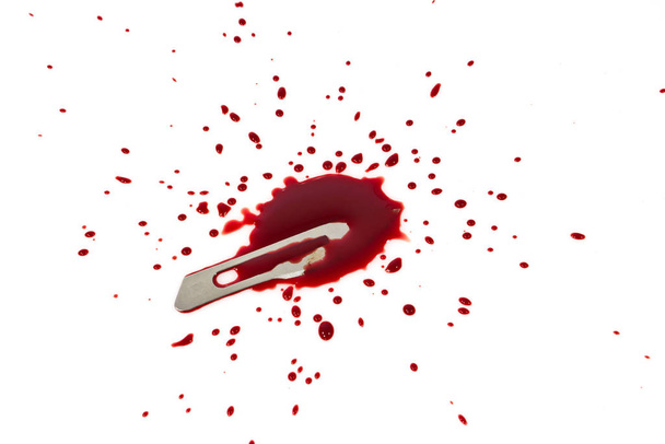 bloody blade with blood splatter isolated on white - Fotó, kép