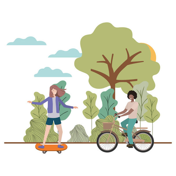 couple doing sports in landscape avatar character vector illustration design - Vector, Image
