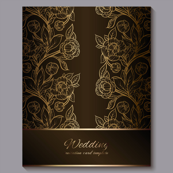 Exquisita invitación de boda de lujo real de chocolate, fondo floral dorado con marco y lugar para el texto, follaje de encaje hecho de rosas o peonías con degradado dorado brillante
. - Vector, Imagen