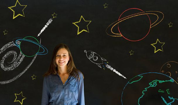 Businesswoman, student or teacher with chalk space travel blackboard background - Φωτογραφία, εικόνα