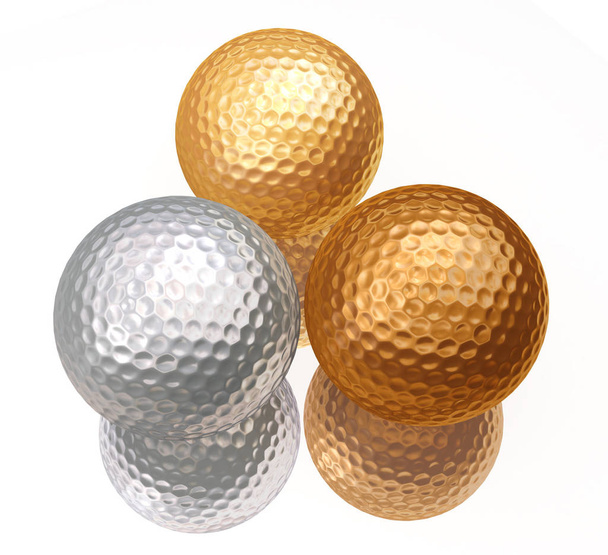 bronze, silver, gold golf balls on white - 写真・画像
