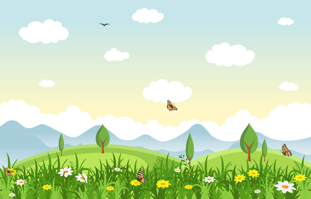 Sommer Frühling Green Valley Frischer Himmel Outdoor Landschaft Illustration - Vektor, Bild