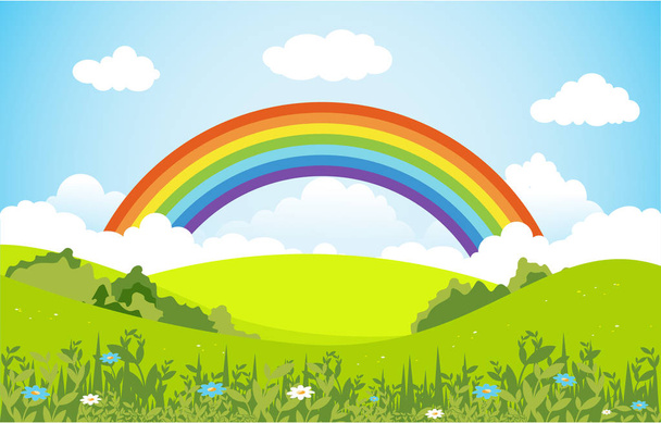 Kesällä kevät Green Valley Rainbow Outdoor Maisema kuvitus - Vektori, kuva