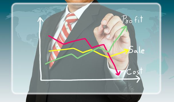 zakenman tekenen een grafiek over winst en kosten - Foto, afbeelding