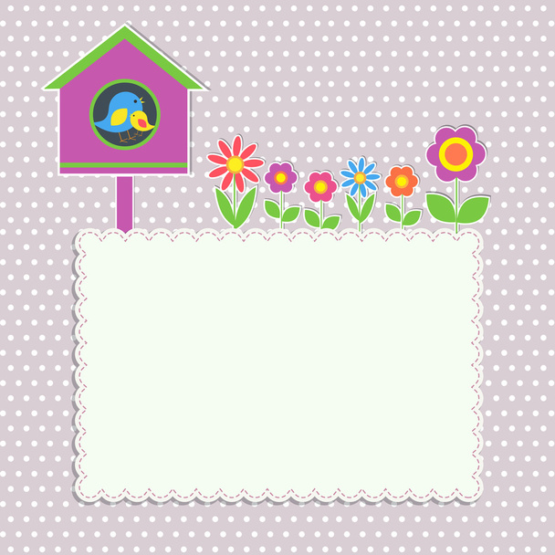 Moldura com casa de pássaros com família de pássaros e flores
 - Vetor, Imagem
