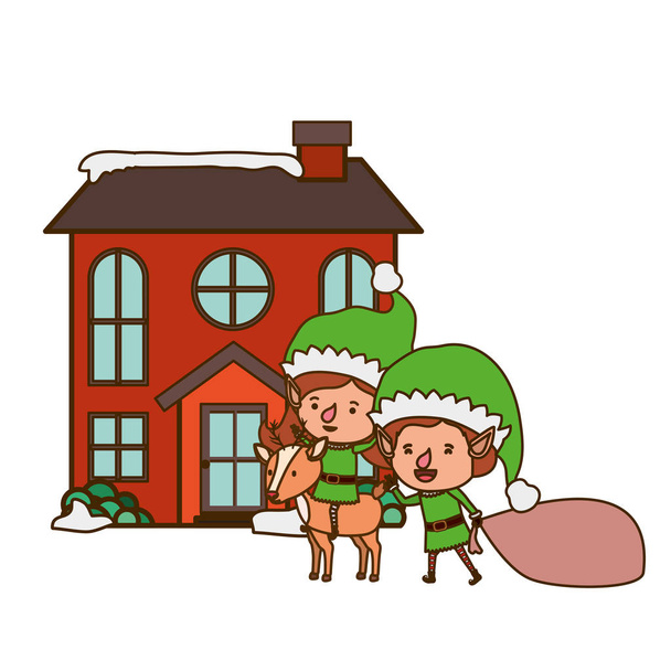 pareja de elfos con casa icono aislado
 - Vector, imagen