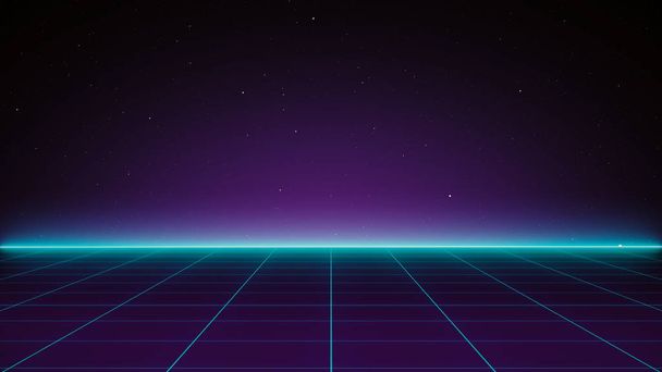 Retro Sci-Fi tło futurystyczny siatka krajobraz z 80 's. Digital Cyber Surface. Nadaje się do projektowania w stylu 1980 roku - Zdjęcie, obraz