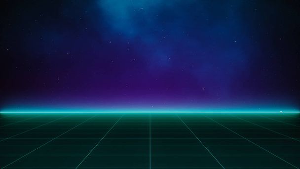 Retro Sci-Fi Background Futuristic Grid landscape of the 80`s. Digital Cyber Surface. Suitable for design in the style of the 1980`s - Photo, Image