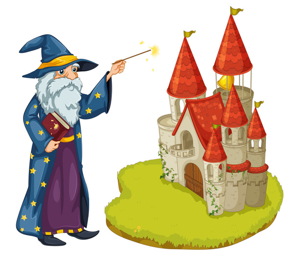 Zauberer mit Buch und Zauberstab vor der Burg - Vektor, Bild