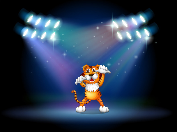 Тигр поднимает руки на сцене под прожекторами
 - Вектор,изображение