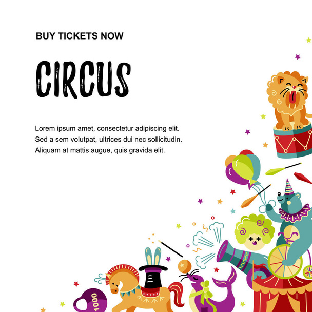 Circus. Vector illustration with animals, clowns and magicians. Template for circus show, party invitation, poster, kids birthday. Flat style. - Vector, Image