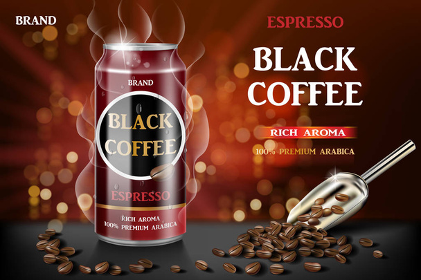Realista café expreso enlatado negro con granos en la ilustración 3d. Producto café bebida diseño con fondo bokeh. Vector
 - Vector, imagen