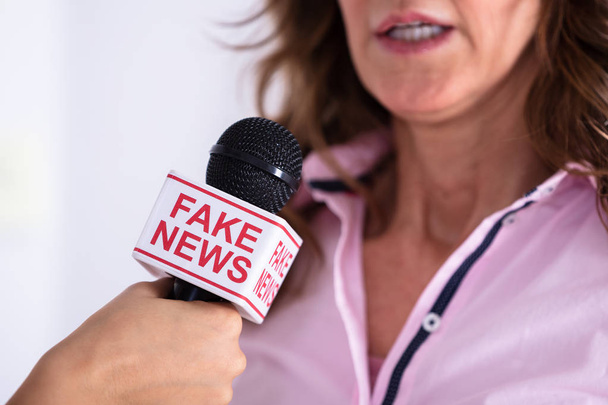 Close-up Of Journalist Taking Interview Of Businesswoman In Office For Fake News - 写真・画像