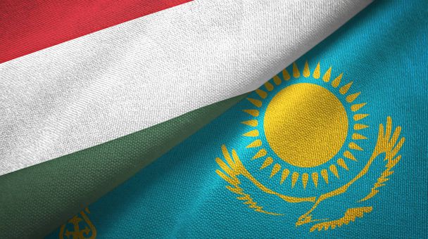 Hungary and Kazakhstan two flags textile cloth, fabric texture - Photo, Image